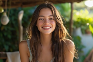 Fototapeta premium Smiling young caucasian female outdoors with long hair and natural light