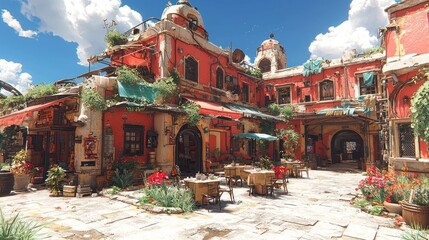 Fototapeta premium Mediterranean courtyard restaurant, sunny day, vibrant flowers, tourism