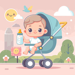 A cartoon baby is sitting in a stroller with a bottle