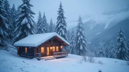 Cozy Log Cabin in Snowy Mountain Forest at Dusk