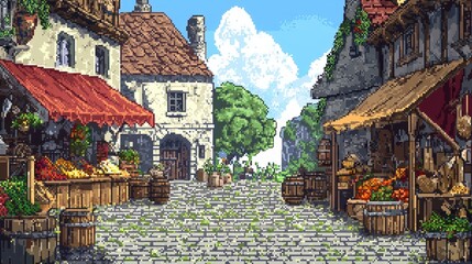 Fototapeta premium Pixel art night garden with glowing flora under a starlit sky, vibrant and dreamlike, symbolizing magic and serenity. Perfect for fantasy games, retro backgrounds, and digital scenery.