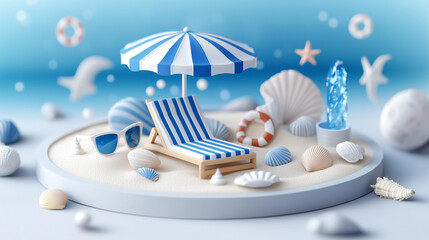 Auf einem grauen Teller sind Liegestuhl, Sonnenschirm und Muscheln im Sand sommerlich dekoriert, Nahaufnahme, Querformat