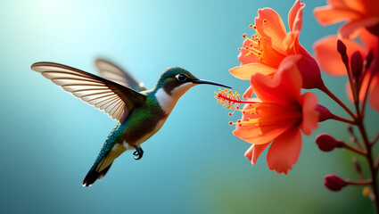 Fototapeta premium Hummingbird Hovering Near Vibrant Orange Flowers – Nature Wildlife Photography