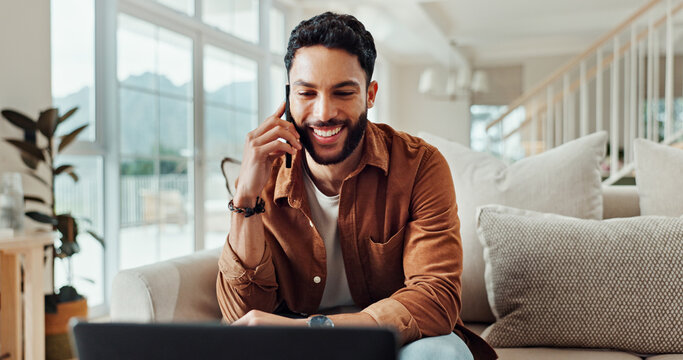 Phone call, smile and man with laptop, conversation and freelancer with invoice for contact or house. Remote work, graphic designer and person with tech for communication, discussion and payment term