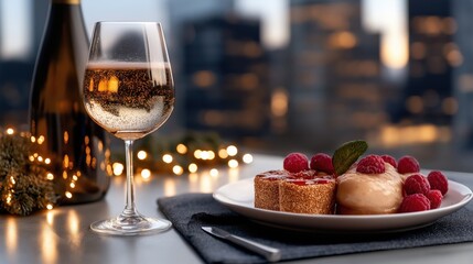 Naklejka premium Romantic rooftop dinner featuring delicious desserts, sparkling wine, and enchanting fairy lights with a stunning city skyline at dusk