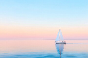 Fototapeta premium serene image of solitary yacht sailing across calm sea at dawn horizon as line between ocean and sky vast open waters