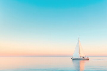 Fototapeta premium serene image of solitary yacht sailing across calm sea at dawn horizon as line between ocean and sky vast open waters