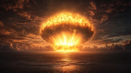 Fiery Explosion Over the Ocean: A Cataclysmic Confluence of Energy in a Sky Ablaze with Destruction and Threat