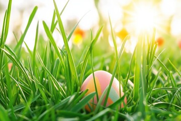 Fototapeta premium close-up of colorful easter egg nestled in fresh green grass