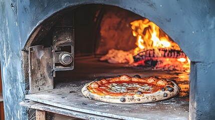 Wood-Fired Pizza Baking in a Traditional Oven with Flames in the Background