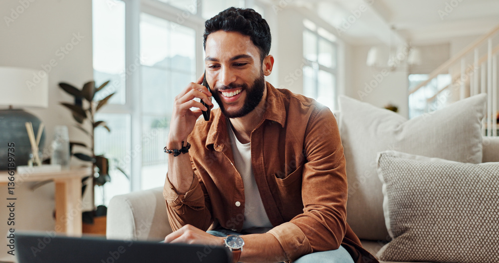 Poster phone call, home and man with laptop, conversation and freelancer with invoice for contact and happy