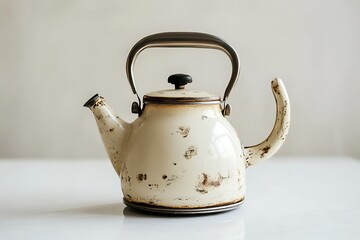 Detailed vintage enamel kettle with a classic look, isolated on a clean white surface.