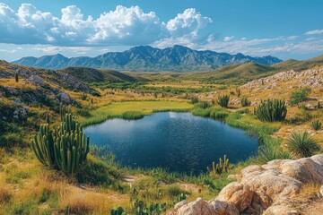 Fototapeta premium Serene Landscape: A picturesque lake reflecting the clear sky and distant mountains, framed by rolling hills and lush vegetation, creating a sense of tranquility. 