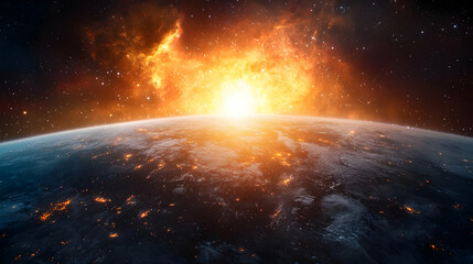 Obraz premium Earth Exploding In Space With Fiery Sunset
