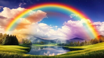 Fototapeta premium Vibrant rainbow over serene lake nature landscape breathtaking view tranquil environment colorful sky