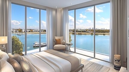 Fototapeta premium Modern Bedroom Interior Overlooking a Serene Lake with Large Windows and Abundant Natural Light