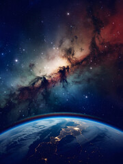 Fototapeta premium Earth's curve meets vibrant cosmic clouds with a colorful atmospheric band and glittering city lights against a starry background.