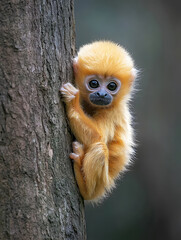 Fototapeta premium Golden baby monkey clinging to a tree trunk its big expressive eyes gazing directly at the viewer.