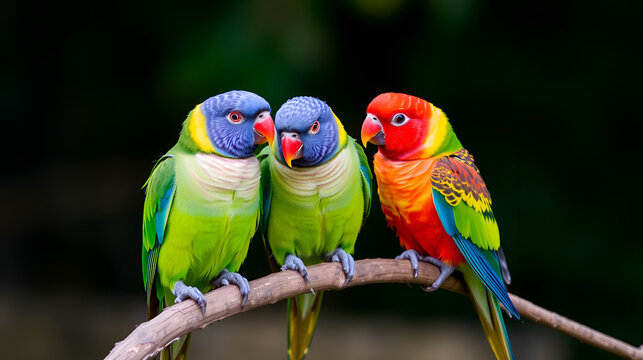 Three colorful parakeets perched on a branch
