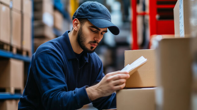 Delivery worker attentively checks an order's contents in a busy warehouse, preparing to seal the box for shipment. The atmosphere is filled with activity and organization.
