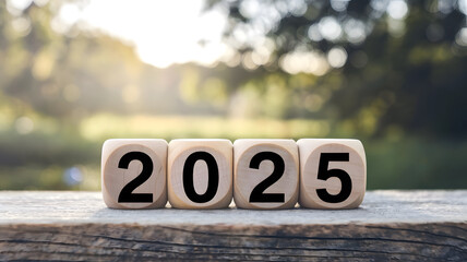 Wooden blocks spelling out 2025 rest on a weathered wood surface against a blurred natural green background.