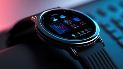 An AI powered smart watch analyzing health metrics such as heart rate, sleep patterns, and exercise data to optimize wellness
