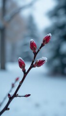 A single branch with buds on a snowy background, frosty, bare