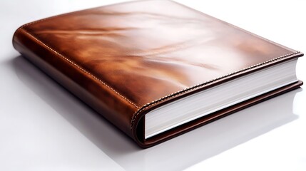 Contemporary brown leather travel album with a sleek, smooth finish and elegant details, set on a bright white surface.