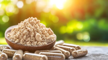 Natural Herbal Supplements with Powder and Capsules for Health and Wellness in Sunlit Environment