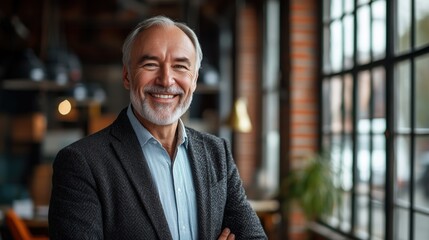 Smiling older man in a cozy cafe with large windows, enjoying a warm atmosphere and natural light during daytime