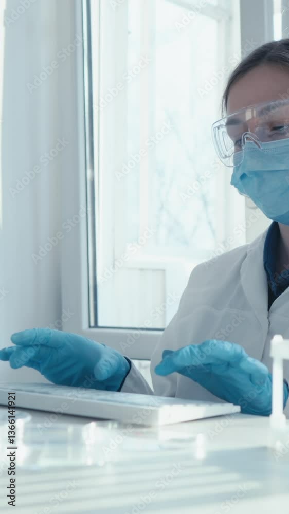 Poster in a welllit laboratory, a dedicated scientist wearing a lab coat and protective gear diligently typ