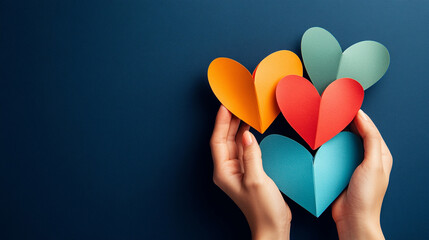 Colorful Paper Hearts Held in Hands Love, Care, and Support Concept