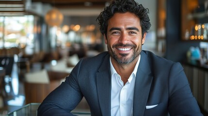 Smiling man in stylish restaurant attire enjoying a casual moment indoors