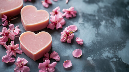 Obraz premium Pink heartshaped organic handmade soap bars with flowers and petals with copy space, Skincare spa product, AI generated