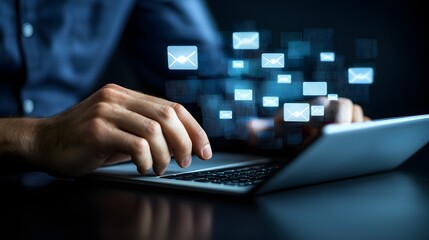 Hands Typing on Laptop with Emails and Digital Data Visuals Representing Modern Communication