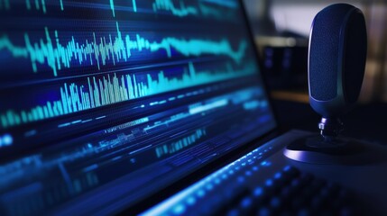 An AI powered speech recognition system transcribing audio recordings and providing accurate text, Productivity technology style, photo of