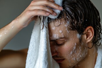 Naklejka premium Man drying his hair with a towel after a refreshing shower in a bright bathroom setting