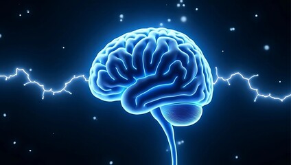 Fototapeta premium glowing blue brain, surrounded by electric sparks, beautifully illustrating concepts of intelligence, creativity, or neural energy on dark blue background.