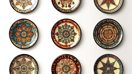 Vibrant decorative plates artisan studio image collection artistic environment top-down view cultural heritage