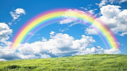 Naklejka premium Nature's vibrant rainbow arching over lush green hills scenic landscape bright daylight captivating viewpoint