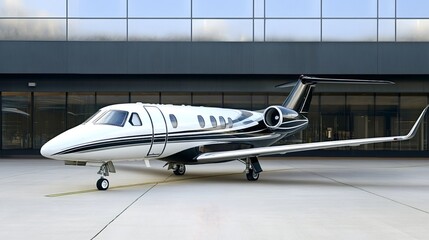Sleek and stylish private jet parked on the tarmac in front of a modern hangar, embodying the essence of luxury travel and corporate aviation, showcasing elegance and wealth
