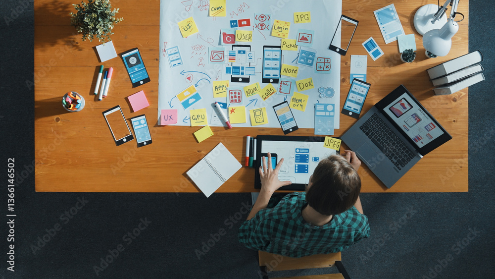Wall mural top view of business woman looking and choosing ux ui design at meeting room. smart developer design