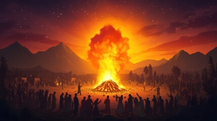 Lohri festival celebration with giant bonfire, community gathering for traditional rituals and winter solstice festivity, enjoying