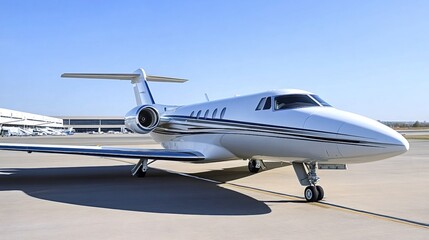 Sleek white and silver private jet parked on the tarmac of an airport, basking in the warm sunlight of a beautiful day, representing luxury and efficient travel for discerning travelers