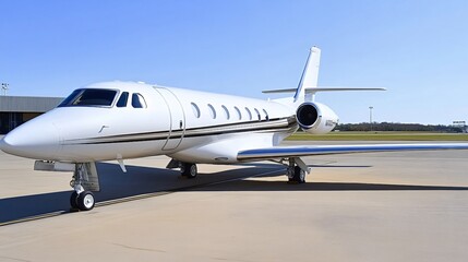Naklejka premium White luxury private jet parked on the tarmac at the airport under a bright sunny sky, symbolizing business travel, showcasing wealth, and offering unmatched convenience