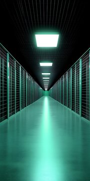 Endless Technological Corridor with Illuminating Green, Data Processing Center