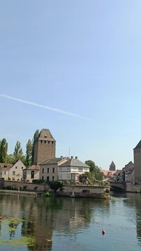 Historic town of Strassbourg, crowded street view, France, vertical screen