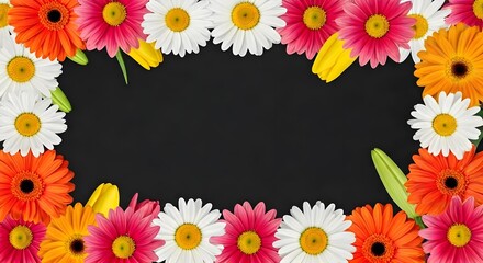 Obraz premium A mix of bright daisies, tulips, and lilies arranged in a frame with central copy space, AI Generated