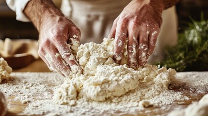 Fototapeta premium Traditional baking moment, hands folding dough with care and precision.
