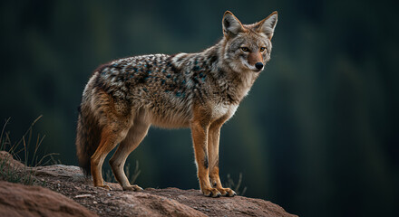 Fototapeta premium High-Resolution Coyote Standing Alert with a Vibrant Dotted Coat Texture for Backgrounds
